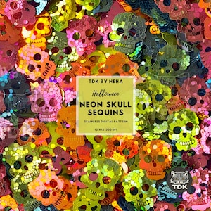 Halloween Neon Skull Faux Sequin Seamless Digital Paper for Fabric Print, Spooky Skeleton Glitter Seamless Repeat Sublimation Design Journal
