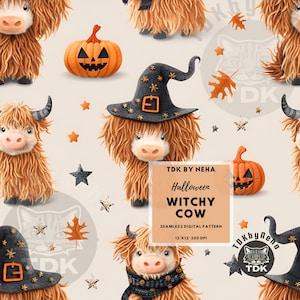 Fall Witchy Highland Cow Seamless Digital Paper Fabric Print Neutral Halloween Seamless Repeat Sublimation Design Scrapbook Journal Gift