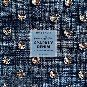 Sparkly Denim and Crystal Faux Embroidery Seamless Digital Paper for Fabric Printing,Jeans Fabric Texture Seamless Repeat Sublimation Design