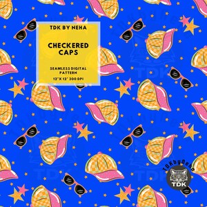 May include: Seamless digital pattern featuring checkered caps, sunglasses, and stars on a blue background. The design includes caps with pink brims and yellow and orange checkered tops, along with black sunglasses and orange stars. The pattern is 12" x 12" at 300 DPI.