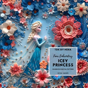 Ice Princess Faux Embroidery Seamless Digital Paper for Fabric Printing, Floral Snow Princess 3D Seamless Pattern Repeat Sublimation Design