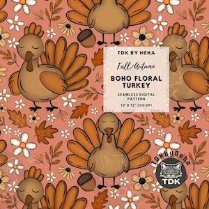 Papel digital com padrão floral boho de outono e peru sem costura para impressão em tecido, folhas de outono femininas, Ação de Graças, repetição sem costura, design de sublimação