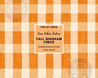 May include: A seamless digital pattern featuring a fall gingham check in orange and white. The pattern is 12 inches by 12 inches and 300 DPI.