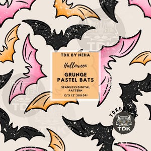 Halloween Grunge Bats Seamless Pattern Digital Paper Fabric Print, Cute Spooky Pastel Goth Bat Seamless Repeat Sublimation Design Wallpaper
