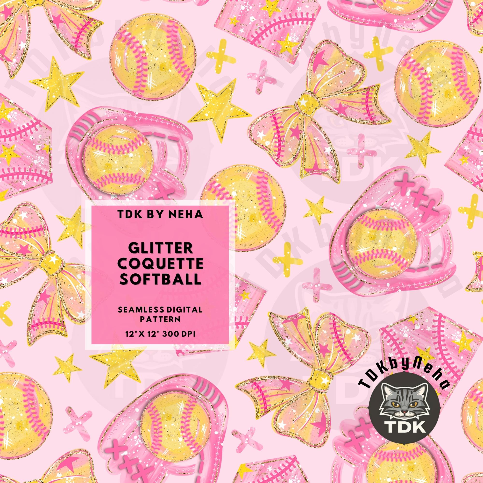 Pink Glitter Coquette Bow Softball Seamless Digital Paper for Fabric ...