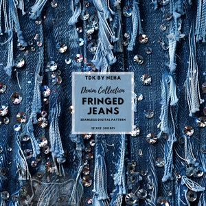 Fringed Denim Faux Fabric Texture Seamless Digital Paper for Fabric Printing, Western Jeans Stone Studded Seamless Repeat Sublimation Design