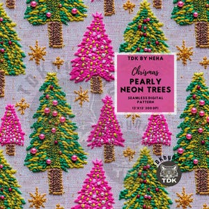 Albero di Natale al neon senza soluzione di continuità, ricamo finto perlato senza soluzione di continuità, carta digitale con texture natalizia per stampa su richiesta, albero di pino stampabile
