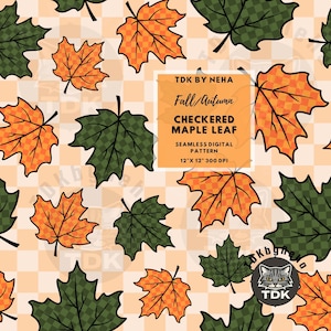 Fall Checker Leaves Seamless Pattern Digital Paper for Fabric Printing, Autumn Maple Leaf Gingham Checks Repeat Sublimation Design Wallpaper