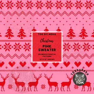 Classic Traditional Sweater Pattern Seamless, Vintage Pink Christmas seamless pattern, Xmas Tree Reindeer Christmas Sublimation for Fabric