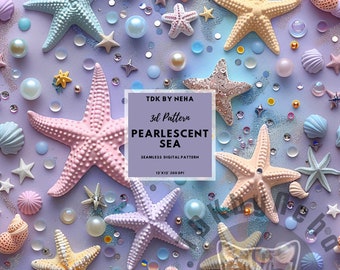 Summer Pearlescent Sea 3D Seamless Digital Paper Fabric Print, Unicorn Starfish Shell Pearl Beach Glitter Seamless Repeat Sublimation Design