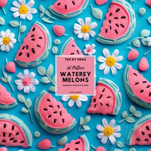 Puede incluir: Un patrón digital sin costuras que presenta una ilustración 3D de rodajas de sandía y margaritas blancas sobre un fondo azul. El patrón se titula "3d Pattern Watery Melons" y mide 12x12 pulgadas a 300 DPI.
