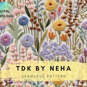 Embroidery Seamless File, Boho Floral Embroidery seamless pattern, Cottagecore boho seamless, Multicolor Floral embroidery seamless pattern