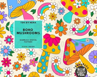 Boho Mushrooms Seamless Pattern for Fabric Print, Mushroom Retro Floral Seamless Repeat Digital Paper, Girl Cottagecore Seamless Sublimation