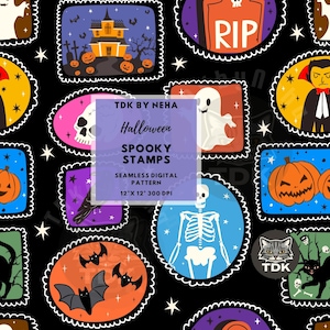 May include: A seamless digital pattern featuring Halloween-themed stamps on a black background. The stamps include images of a haunted house, pumpkins, a skull, a ghost, a vampire, bats, and a skeleton. The text "Halloween Spooky Stamps" is also present.
