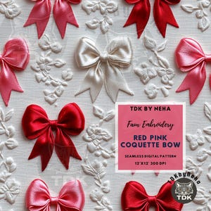 Red and Pink Coquette Bows Seamless Pattern for Fabric Print, 3D Valentine Seamless Digital Paper Repeat Sublimation Design Girly Bow Repeat
