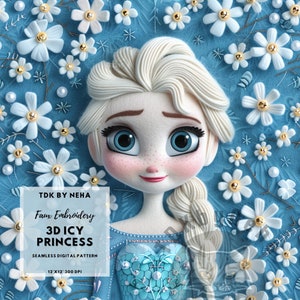 3D-Blumen-Schneeprinzessin Faux-Stickerei Nahtloser digitaler Papierstoffdruck, magische Prinzessin 3D-nahtlose Musterwiederholung des Sublimationsdesigns