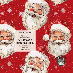 Nahtlose Datei mit traditionellem Weihnachtsmann im Retro-Vintage-Stil, rotes Weihnachtsmuster, fröhlicher und niedlicher Weihnachtsmann, digitales Retro-Weihnachtspapier