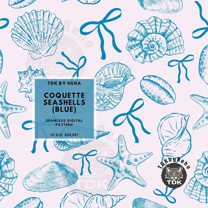 May include: Seamless digital pattern featuring blue seashells, starfish, and bows on a light pink background. The text "Coquette Seashells (Blue)" is in the center of the pattern.