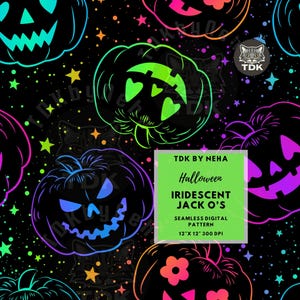 Irisierender Halloween-Jack o Lanterns Nahtloser digitaler Papier-Gewebedruck, gruseliger holografischer Neon-Kürbis Nahtlos wiederholendes Sublimationsdesign