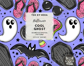 Carta digitale con motivo senza cuciture di fantasmi fantastici per la stampa su tessuto, Halloween Girly Ghoul Seamless Repeat Sublimation Spooky Summer Seamless