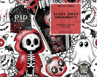 Scary Ornaments Seamless Digital Paper for Fabric Printing Christmas Spooky Coffin Bats Seamless Pattern Repeat Sublimation Halloween Design
