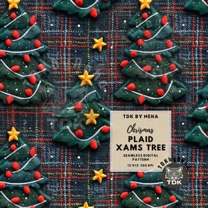 Plaid Christmas Tree Seamless, 3D Xmas Faux Embroidery Seamless, Christmas Texture Digital Paper for Print on Demand, Pine Tree Printable