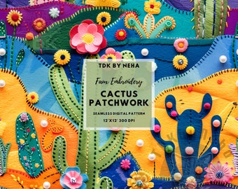 Vibrant Cactus Patchwork Faux Embroidery Seamless Digital Paper Fabric Printing, Western Floral Seamless Repeat Sublimation Design Wallpaper