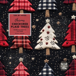 Impression 3D sans couture de broderie de sapin de Noël, papier numérique de Noël scintillant sans couture de sapin de Noël rouge noir à carreaux pour sublimation de tissu