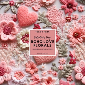 Motivo floreale ricamato senza cuciture di San Valentino, cuori rosa cipria e fiori stampati senza cuciture, carta digitale Boho Valentines per sublimazione