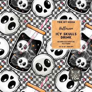 May include: Seamless digital pattern featuring white cartoon skulls with black eyes and a drink with a skull-shaped ice cube. The design includes a checkered background, orange stars, and the text "Halloween Icy Skulls Drink".