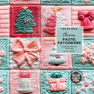 Christmas Patchwork Seamless Digital Paper Fabric Print, Winter Christmas Collage Seamless Pattern Repeat Sublimation Design Wallpaper Wrap