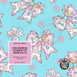 Può includere: Un motivo digitale senza cuciture che presenta fiocchi colorati con un design arcobaleno pastello, coniglietto e fiori. Il motivo misura 12 pollici per 12 pollici e 300 DPI. Il testo "TDK BY NEHA", "COLOURFUL COQUETTE BOW (ICY)", "SEAMLESS DIGITAL PATTERN" e "12'X12' 300 DPI" è incluso nel design.