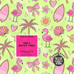Summer Neon Beach Seamless Digital Paper for Fabric Printing, Preppy Girl Sea Flamingo Seashell Seamless Repeat Sublimation Design Wallpaper
