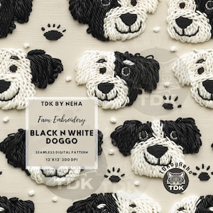 3D Hund Stickerei Nahtloses Tier, Schwarz Weißer Hund Nahtloses digitales Papier für Stoffdruck, 3D-Haustier-Welpe-Wiederholungs-Sublimations-Design-Tapete