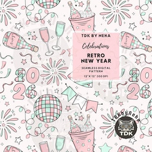 Puede incluir: Patrón digital sin costuras con un tema retro de Año Nuevo. El diseño presenta botellas de champán, fuegos artificiales, bolas de discoteca y los números "2026" en una paleta de colores pastel. También se incluye el texto "Celebrations" y "Retro New Year".