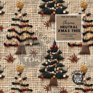 Neutral Christmas Tree Embroidery Seamless Digital Paper for Fabric Print, Beige 3D Xmas Pine Seamless Sublimation File Wallpaper Gift Wrap