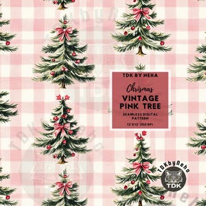 Vintage Traditional Pink Christmas Tree Seamless File, Coquette Bow Christmas seamless pattern Checks Seamless Retro Christmas Digital Paper