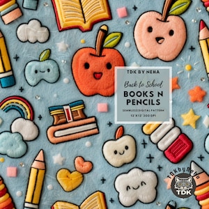 Blue 3D Back to School Seamless Faux Embroidery Pattern Fabric Sublimation Apple Pencil Books Seamless Digital Paper Repeat Design Wallpaper