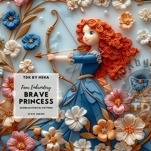 Brave Princess Faux Embroidery Seamless Digital Paper for Fabric Printing, 3D Cartoon Fairytale Princess Seamless Repeat Sublimation Design