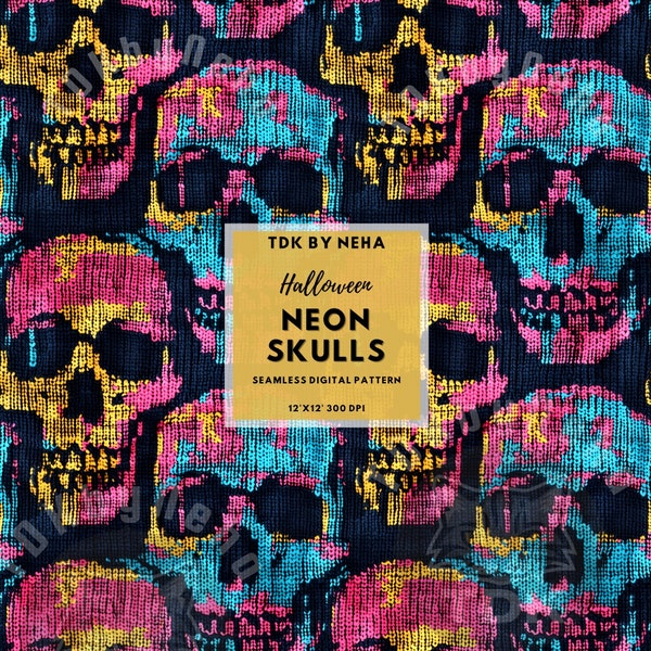 Neon Skulls Seamless Faux Fabric Texture Digital Paper Fabric Print, Knitted Halloween Seamless Repeat Sublimation Design Scrapbook Journal