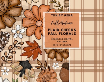 Boho Cottagecore höstblommigt sömlöst mönster digitalt papper för tygtryck, höstbeige rutigt sömlöst upprepat sublimeringsdesign