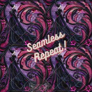 May include: A seamless repeat pattern featuring a dark-haired woman in a black gown with a purple and pink floral design. The text "Seamless Repeat!" is written in white letters on a pink background.