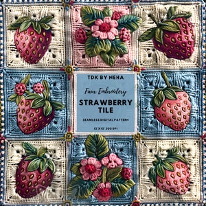 Carta digitale senza cuciture con ricamo finto quadrato della nonna fragola vintage per la stampa su tessuto, design a sublimazione ripetuto senza cuciture lavorato a maglia finto