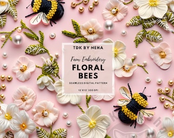 Floral Bees Faux Embroidery Seamless Pattern, Spring Daisy Bees ...