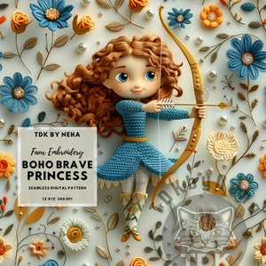 Brave Princess Faux Embroidery 3D Seamless Digital Paper for Fabric Print, Boho Magical Princess Seamless Pattern Repeat Sublimation Design