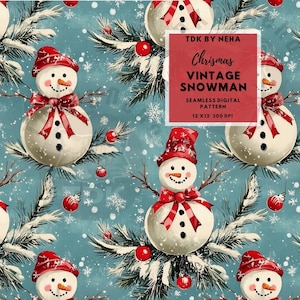Vintage Weihnachten Schneemann Nahtlose Muster-Wiederholungsdatei für Stoffdruck Roter Bogen Schneemann Digitales Papier Sublimationsbecher Design Tapete