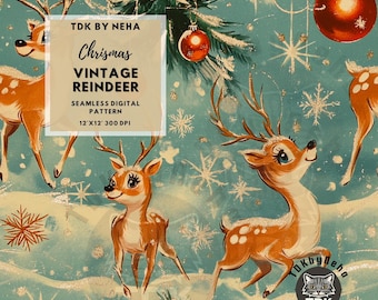 Könnte beinhalten: Ein nahtloses digitales Muster mit Rehen im Vintage-Stil in einer verschneiten Winterlandschaft. Der Hintergrund ist blaugrün mit goldenen Glitzer-Schneeflocken. Das Muster ist 30,5 cm x 30,5 cm groß und hat 300 DPI.