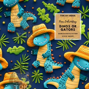 May include: A seamless digital pattern featuring cartoon dinosaurs wearing cowboy hats. The dinosaurs are blue, yellow, and green. The background is a dark blue color with green leaves.