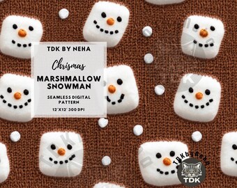 Papel digital sin costuras con bordado de muñeco de nieve y malvavisco para impresión en tela, archivo de sublimación sin costuras de chocolate caliente navideño 3D, papel tapiz para envolver regalos