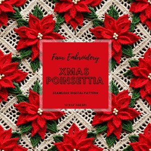Impression transparente de broderie de poinsettia rouge, faux crochet de poinsettia sans couture Poinsettia téléchargements Noël papier numérique sans couture